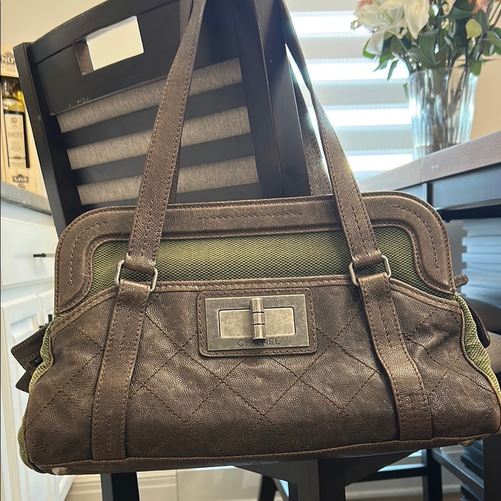 CHANEL Brown and Green Quilted Handbag Vintage